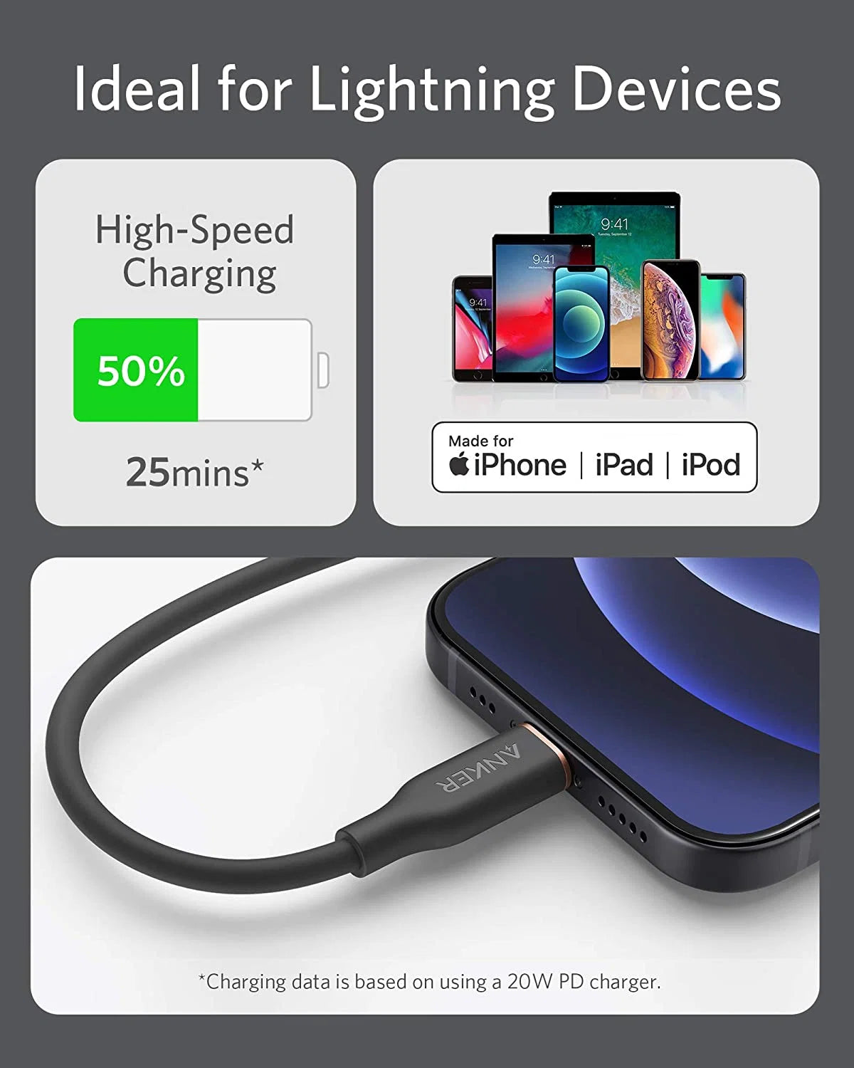 Anker 641 USB-C to Lightning Cable (Flow, 3 ft Silicone) A8662