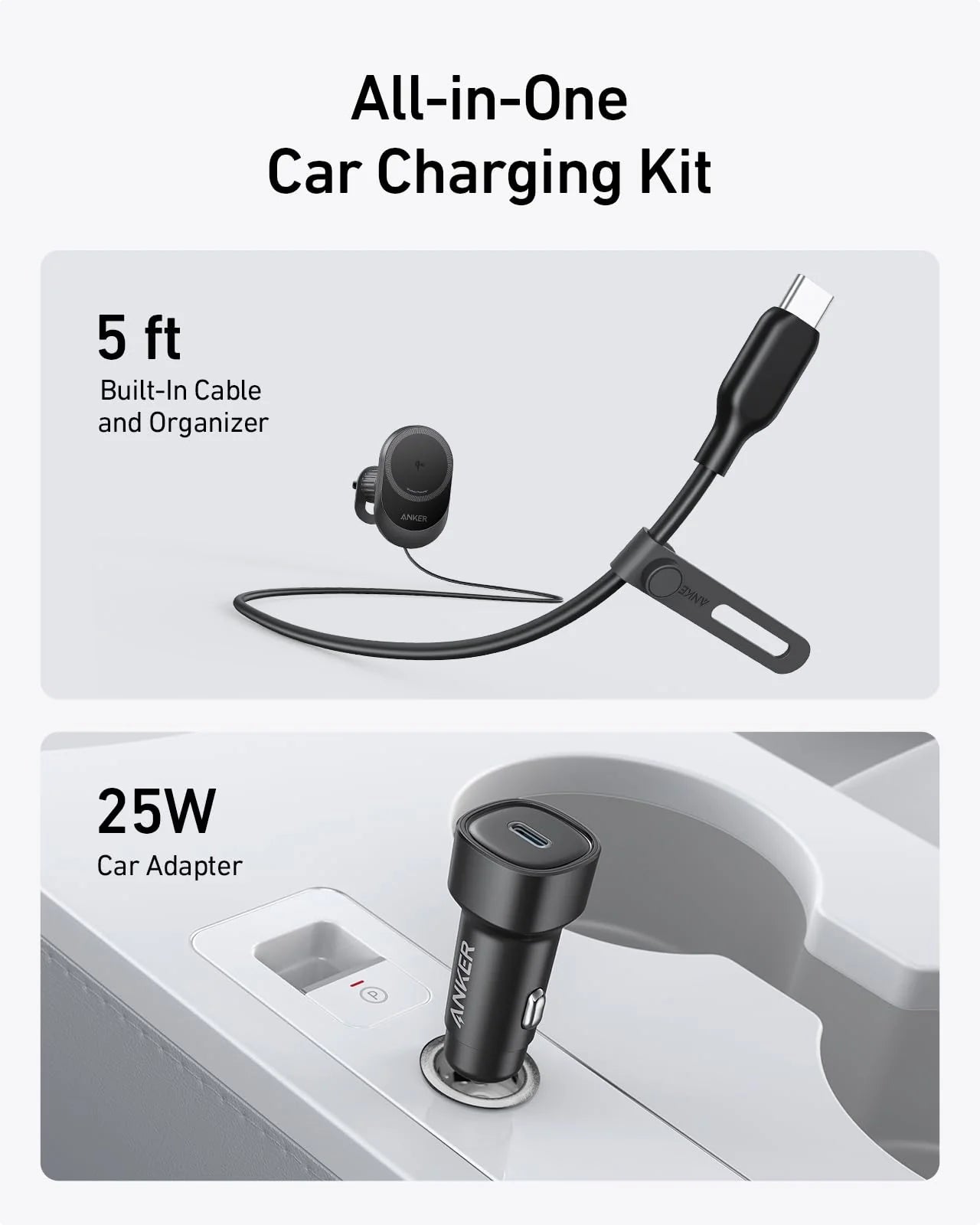 Anker MagGo Wireless Car Charger (Pad, Built-In USB-C Cable)