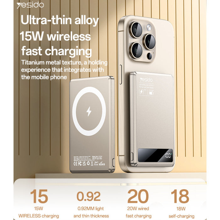 YP66 5000mAh 15W Wireless Fast Charging Alloy Magnetic Power Bank