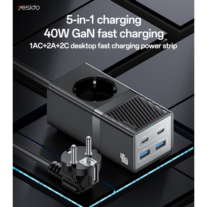 MC35 AC&2*TC&2*USB 5 In 1 European Standard Fireproof PC 40W&2500W GaN Fast Charging Power Socket