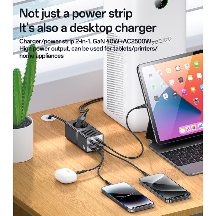 MC35 AC&2*TC&2*USB 5 In 1 European Standard Fireproof PC 40W&2500W GaN Fast Charging Power Socket