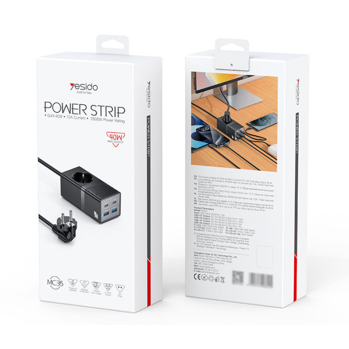 MC35 AC&2*TC&2*USB 5 In 1 European Standard Fireproof PC 40W&2500W GaN Fast Charging Power Socket