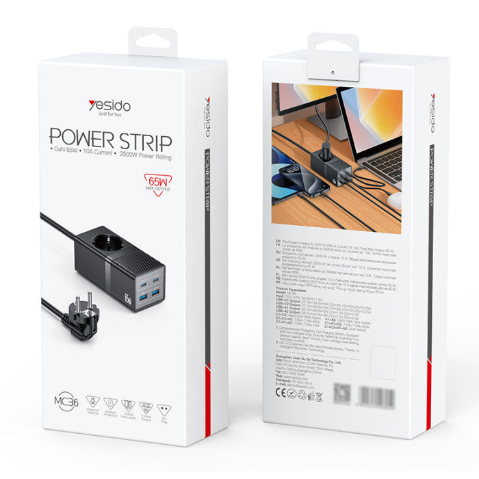 MC36 AC&2*TC&2*USB 5 In 1 European Standard Fireproof PC 65W+2500W GaN Fast Charging Power Socket