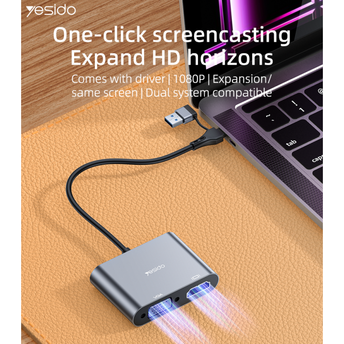Yesido HM15 USB/TC TO HDMI OR VGA Laptop Screen Splitter