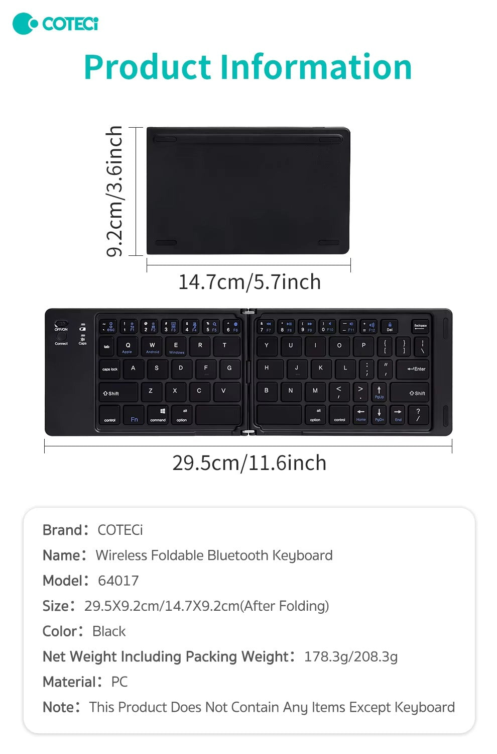 Coteci Portable Foldable Wireless Bluetooth Keyboard