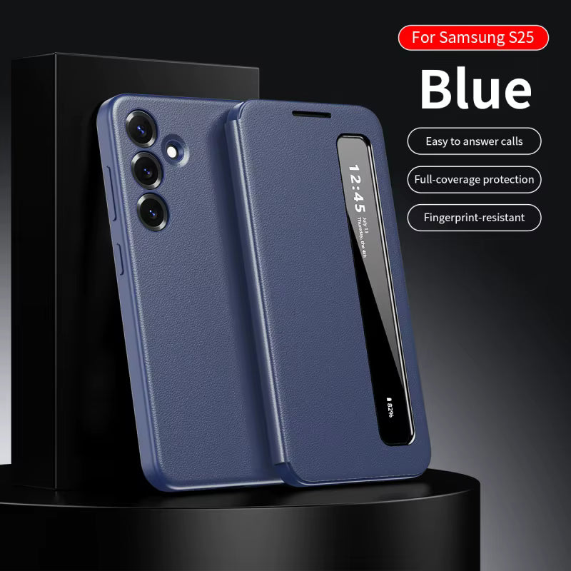 Smart Side Window Flip Cover PU Leather Phone Case for Samsung