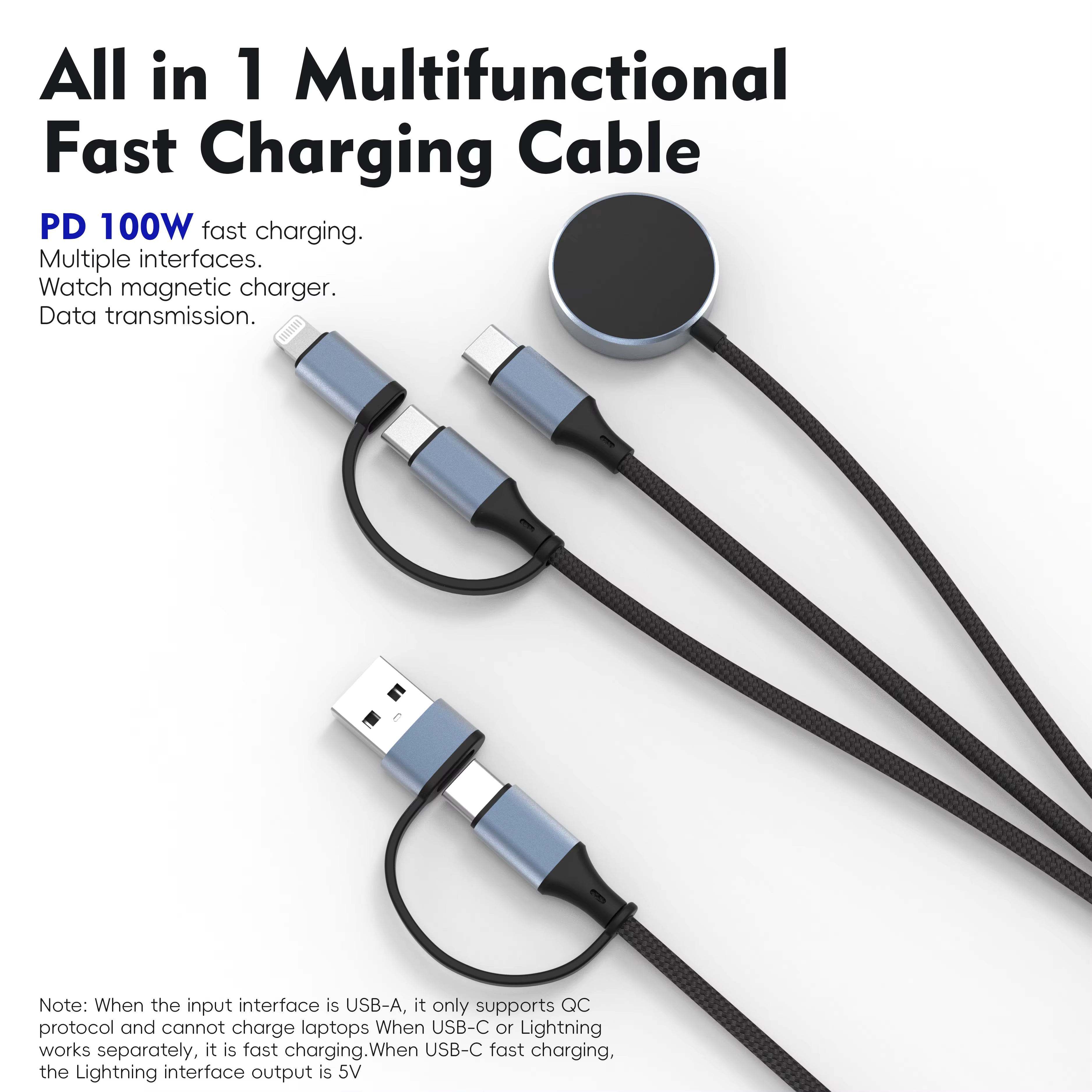 Multifunction 5 in 1 USB Cable Nylon Braided PD 100W Fast Charging