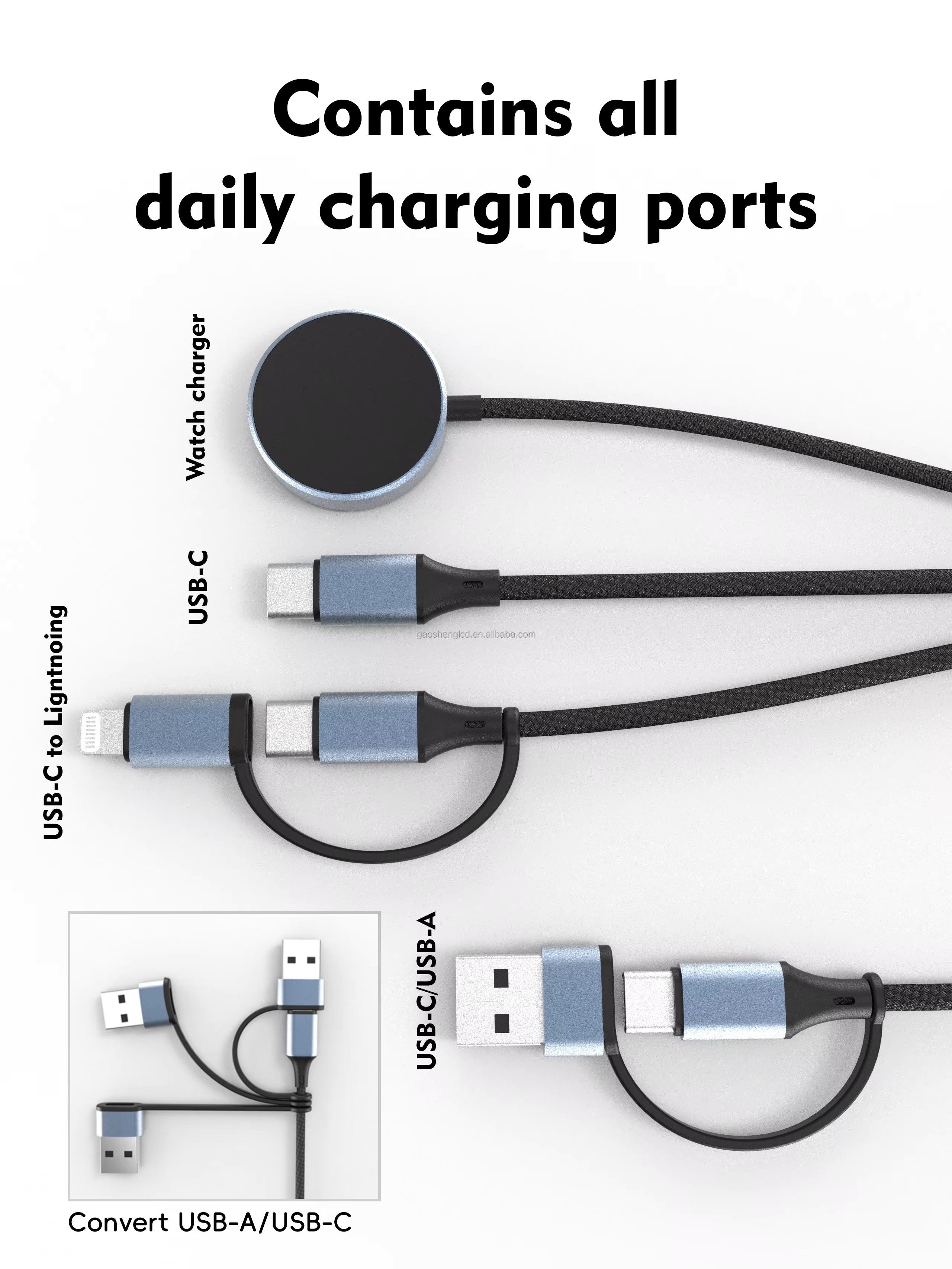 Multifunction 5 in 1 USB Cable Nylon Braided PD 100W Fast Charging