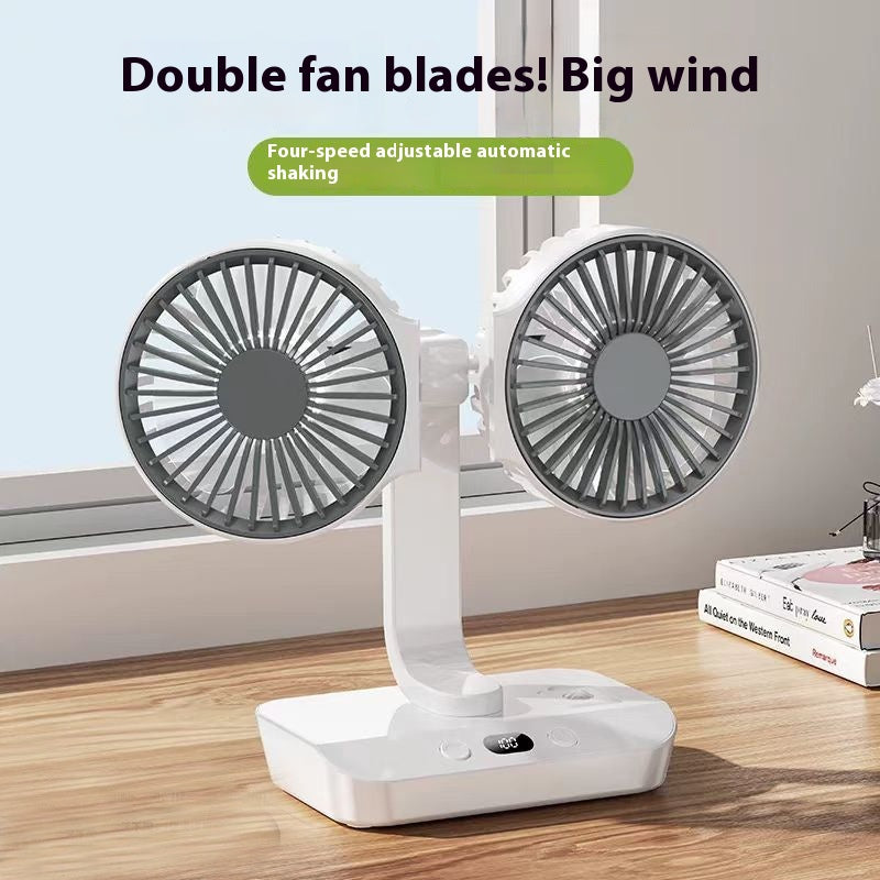 Dual-head desktop USB rechargeable automatic portable fan with 4 wind speeds