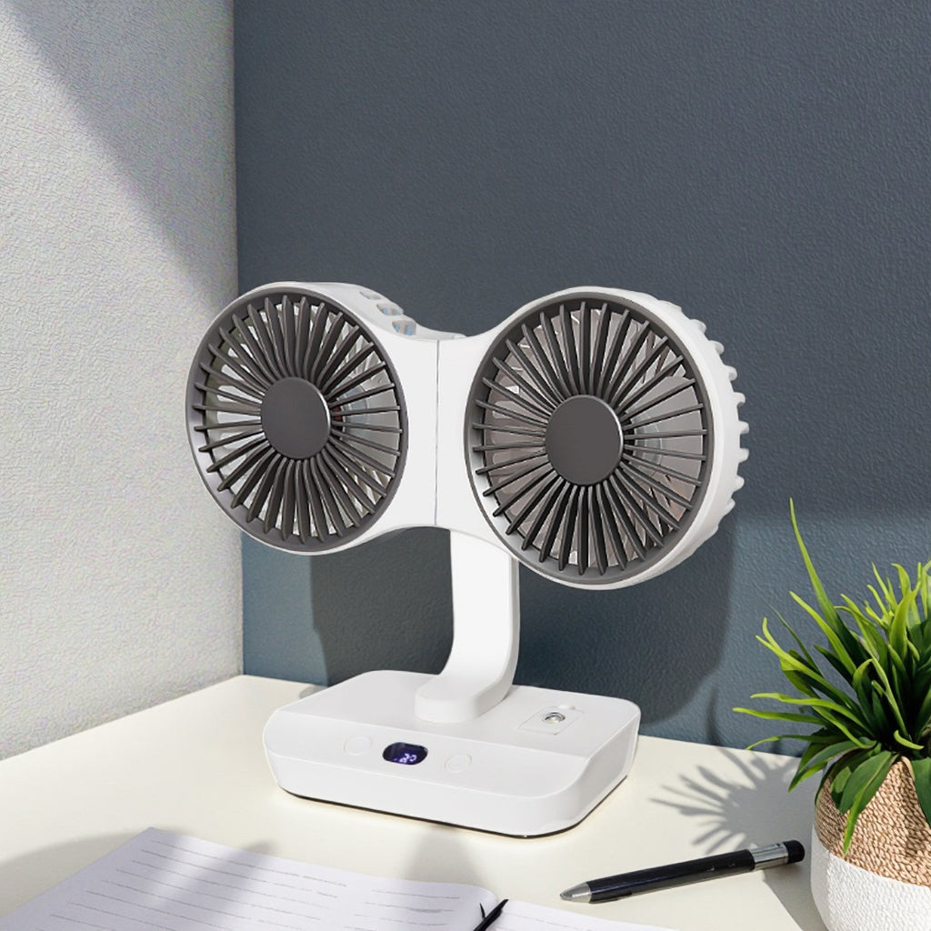 Dual-head desktop USB rechargeable automatic portable fan with 4 wind speeds