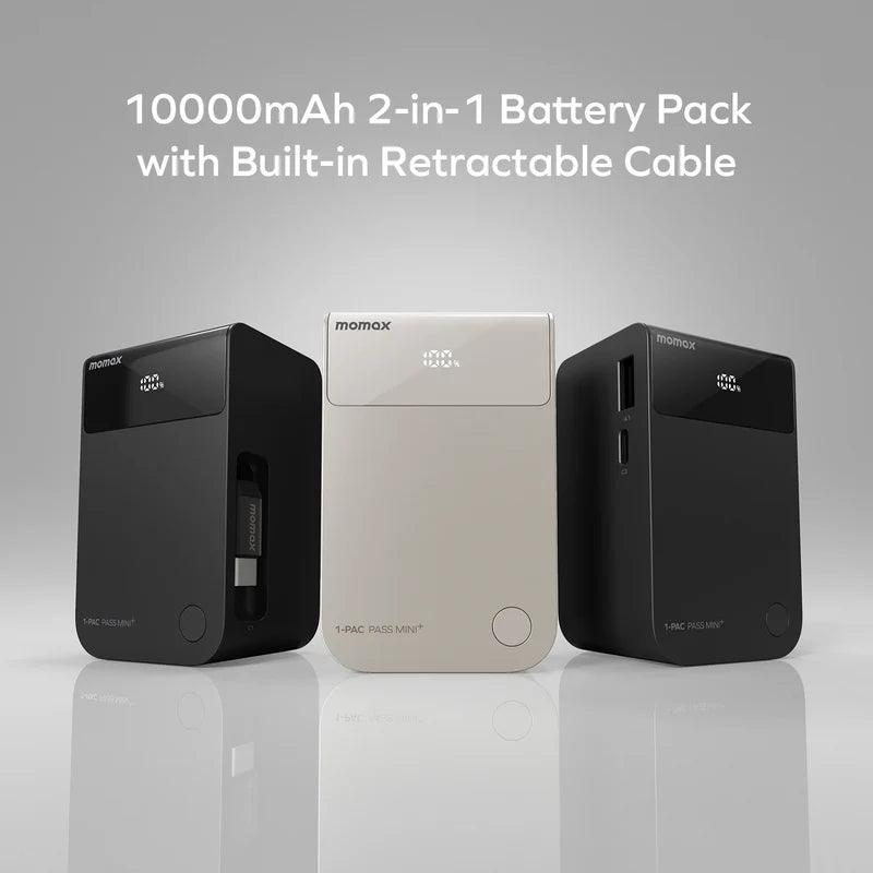 Momax 1-Pac Pass Mini⁺ 10000mAh 2in1 Battery Pack with Built-in Retractable Cable