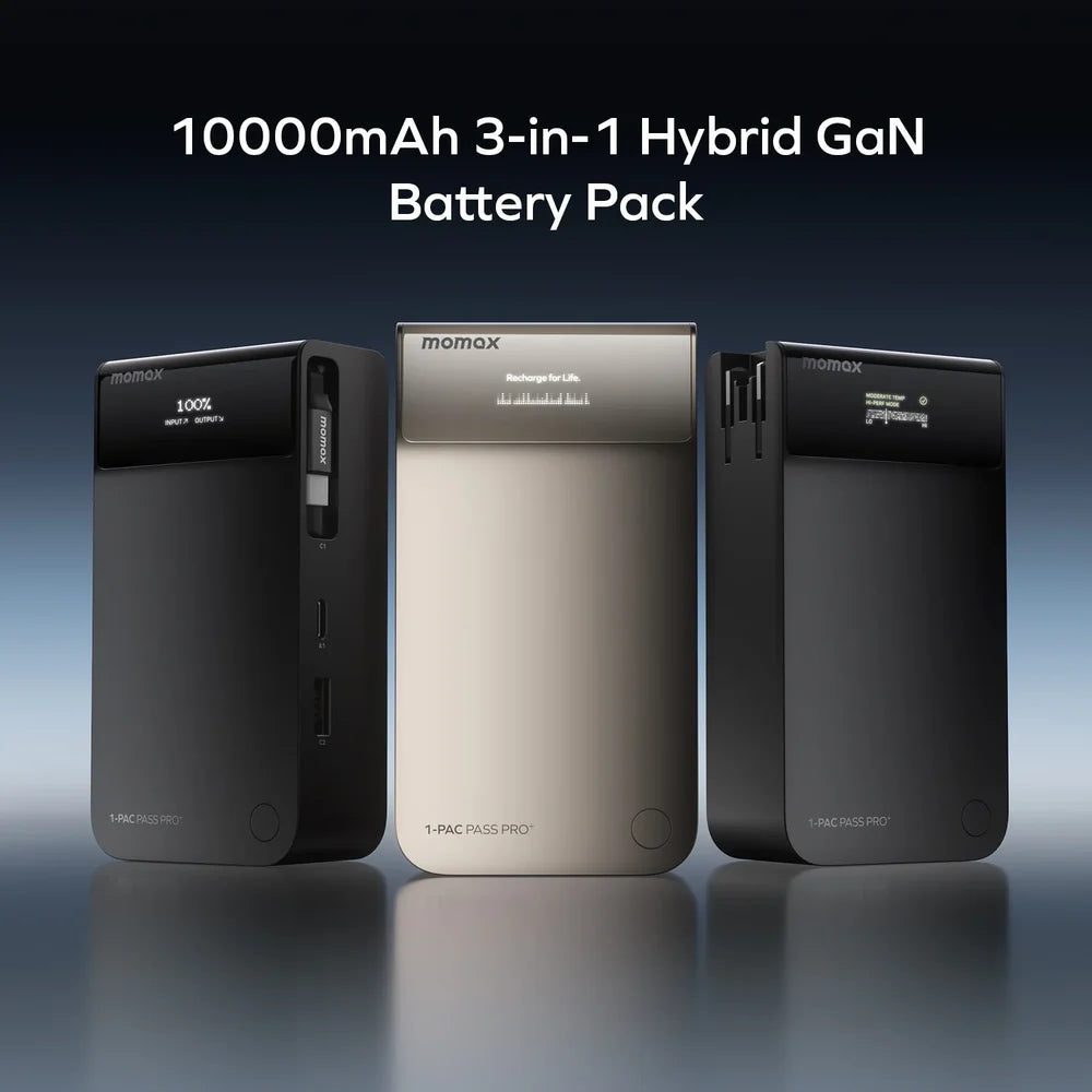 Momax 1-Pac Pass Pro⁺ 10000mAh 3in1 Hybrid GaN Battery Pack with Built-In Retractable Cable (45W)