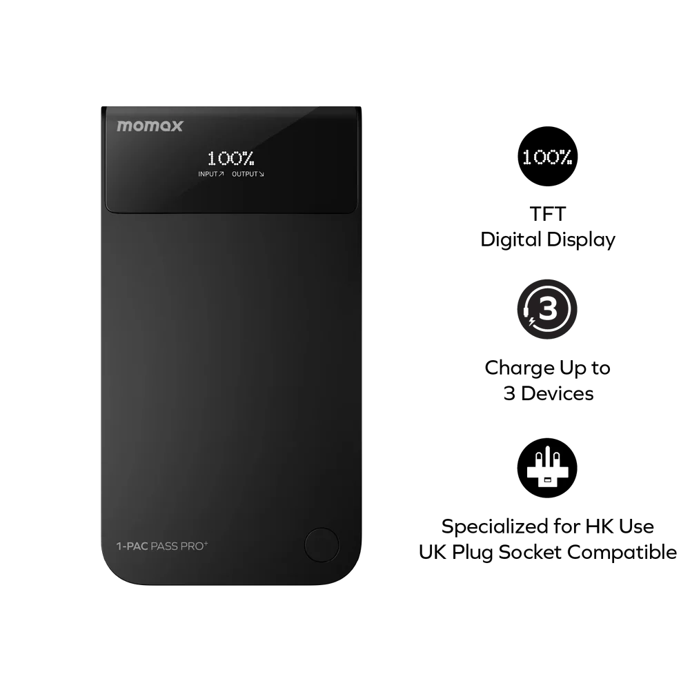 Momax 1-Pac Pass Pro⁺ 10000mAh 3in1 Hybrid GaN Battery Pack with Built-In Retractable Cable (45W)