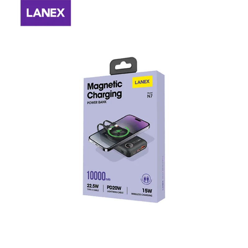 LANEX N7 22.5W+PD20W MAGNETIC 15W POWER BANK 10000MAH (BUILT-IN TYPE-C AND LIGHTNING CABLE)