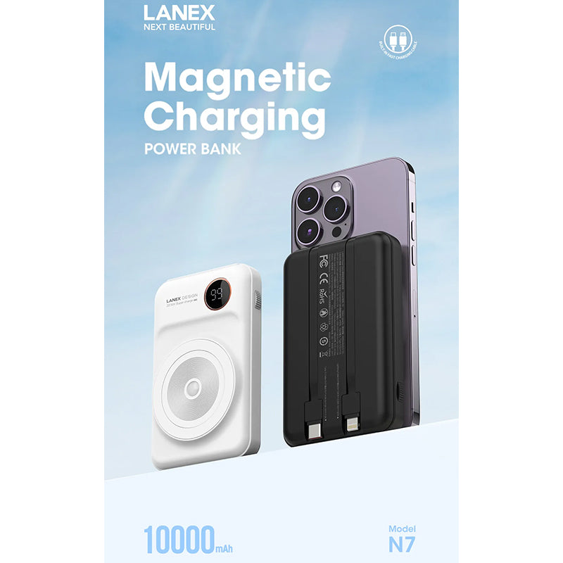 LANEX N7 22.5W+PD20W MAGNETIC 15W POWER BANK 10000MAH (BUILT-IN TYPE-C AND LIGHTNING CABLE)