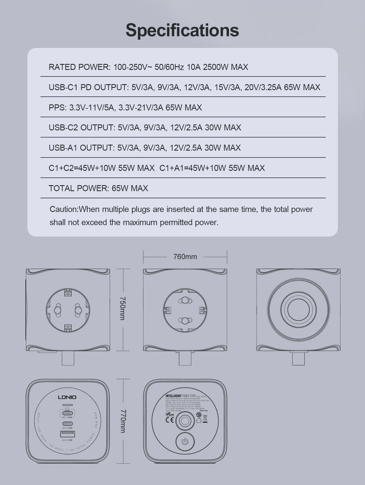 LDNIO 6 in 1 EU Power Socket Adapter Desktop Charger 65W USB-C SE3338