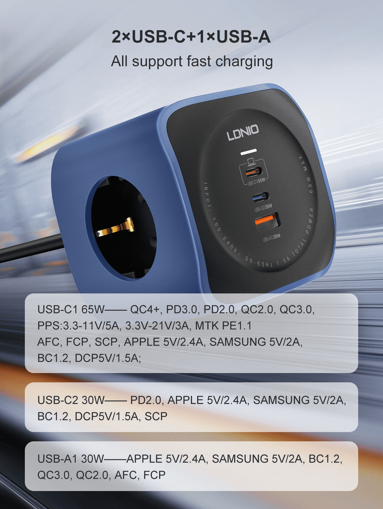 LDNIO 6 in 1 EU Power Socket Adapter Desktop Charger 65W USB-C SE3338