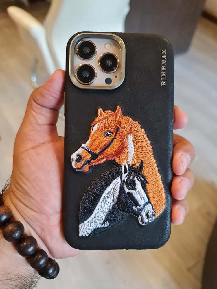 RMBMAX Embroidery Leather Frame Lens Case 2 horses