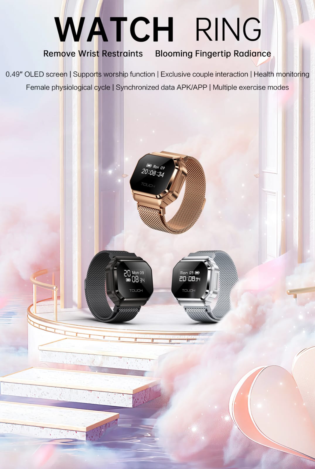 B7 Mini Smart Ring Watch with Interchangeable Stainless Steel and Nylon Straps