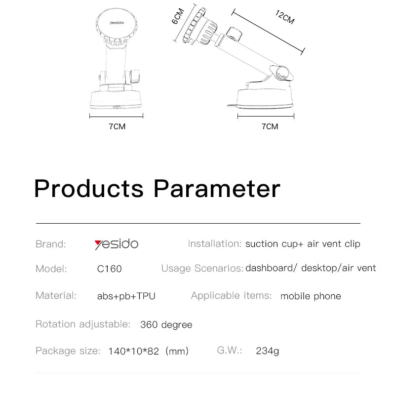 Yesido C160 Suction Cup Type Telescopic Rod Magnetic Car Phone Holder