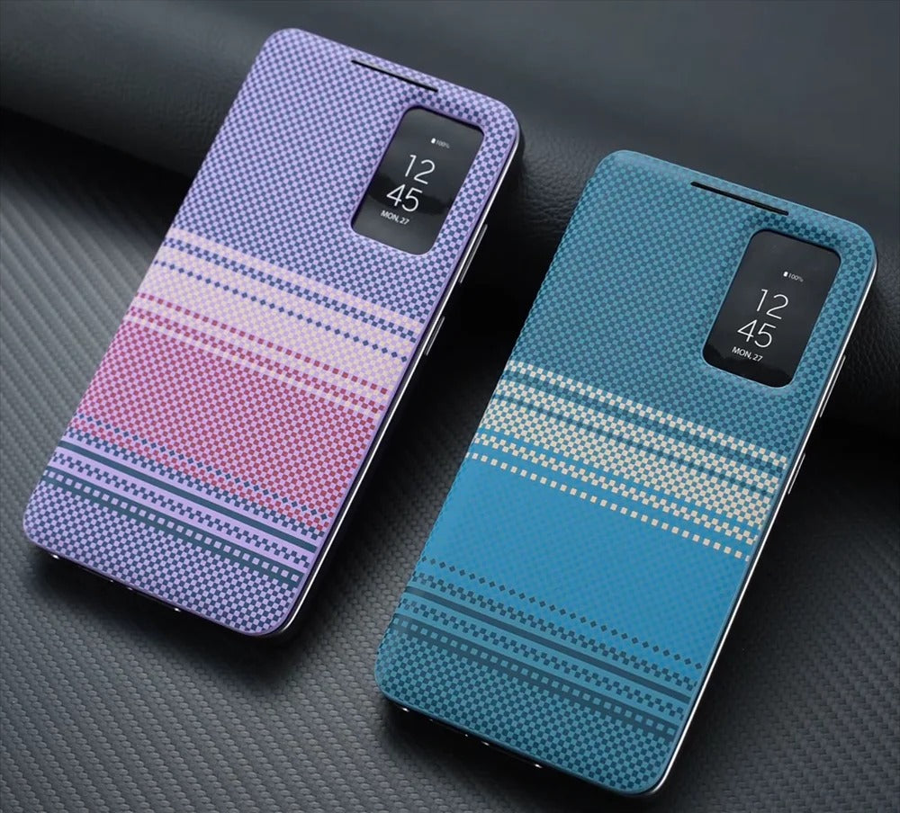 Carbon fiber textured leather smartphone case with card slot flip cover for answering calls for Samsung