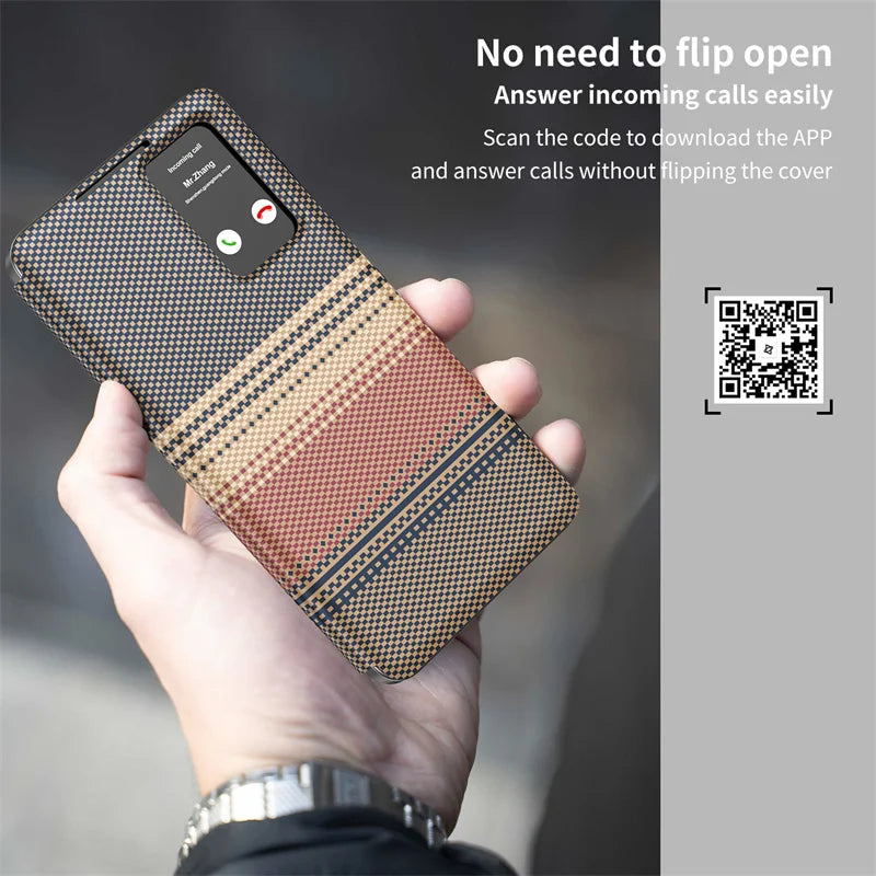 Carbon fiber textured leather smartphone case with card slot flip cover for answering calls for Samsung