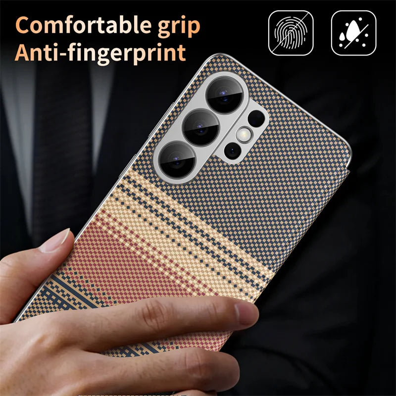 Carbon fiber textured leather smartphone case with card slot flip cover for answering calls for Samsung