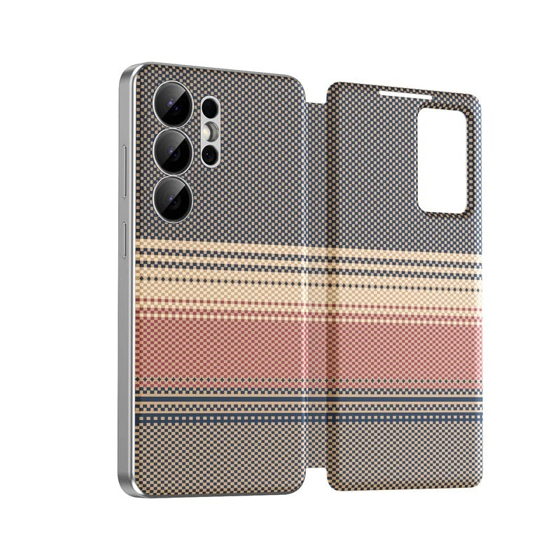 Carbon fiber textured leather smartphone case with card slot flip cover for answering calls for Samsung