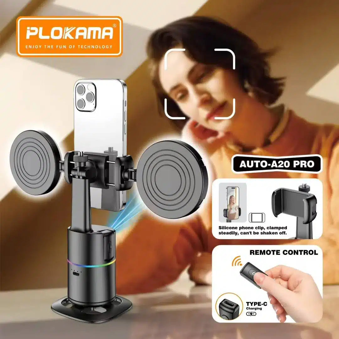 Plokama AUTO-A20 Pro 360° AI Face Tracking Phone Holder with Dual LED Fill Light