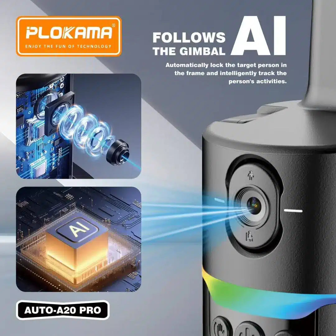 Plokama AUTO-A20 Pro 360° AI Face Tracking Phone Holder with Dual LED Fill Light