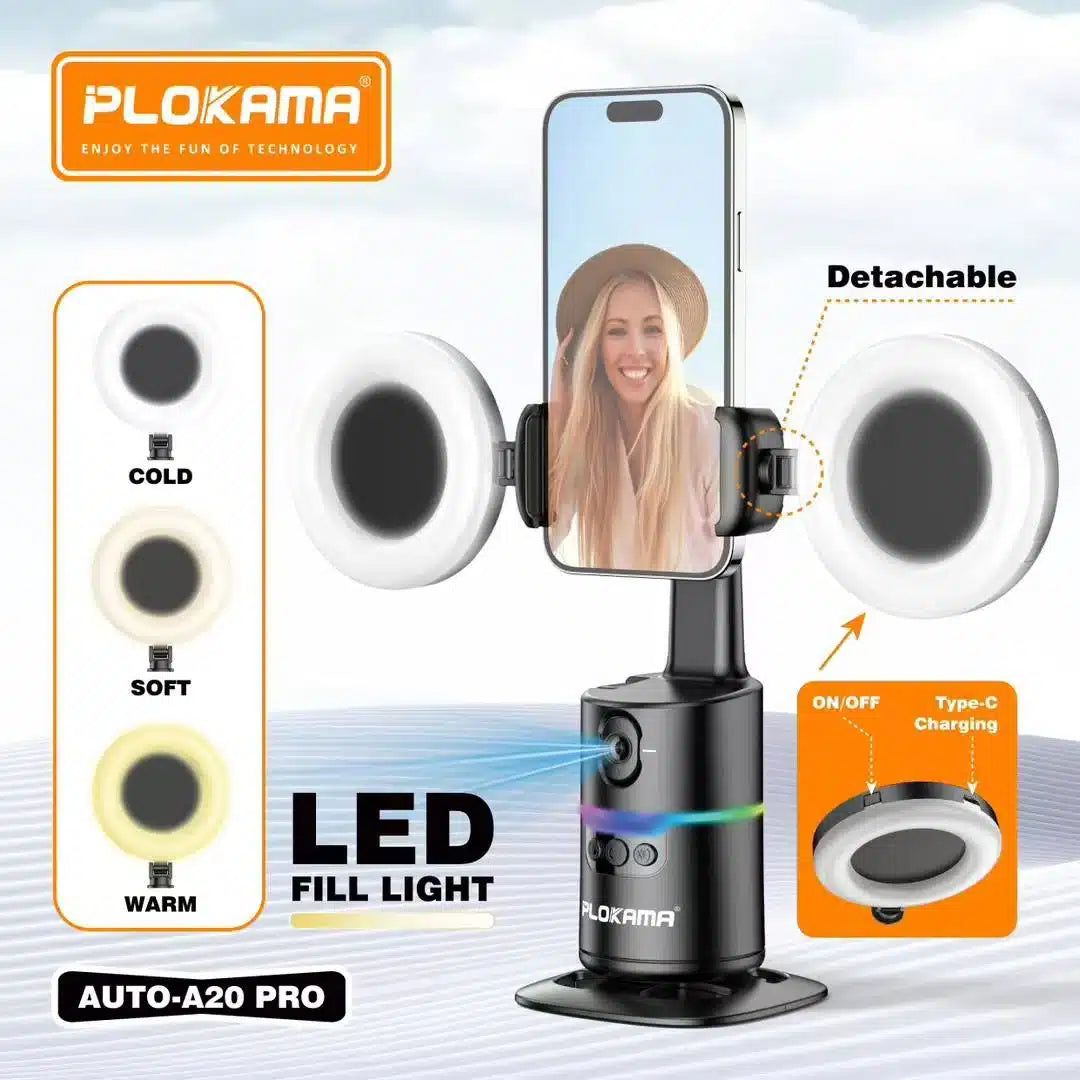 Plokama AUTO-A20 Pro 360° AI Face Tracking Phone Holder with Dual LED Fill Light
