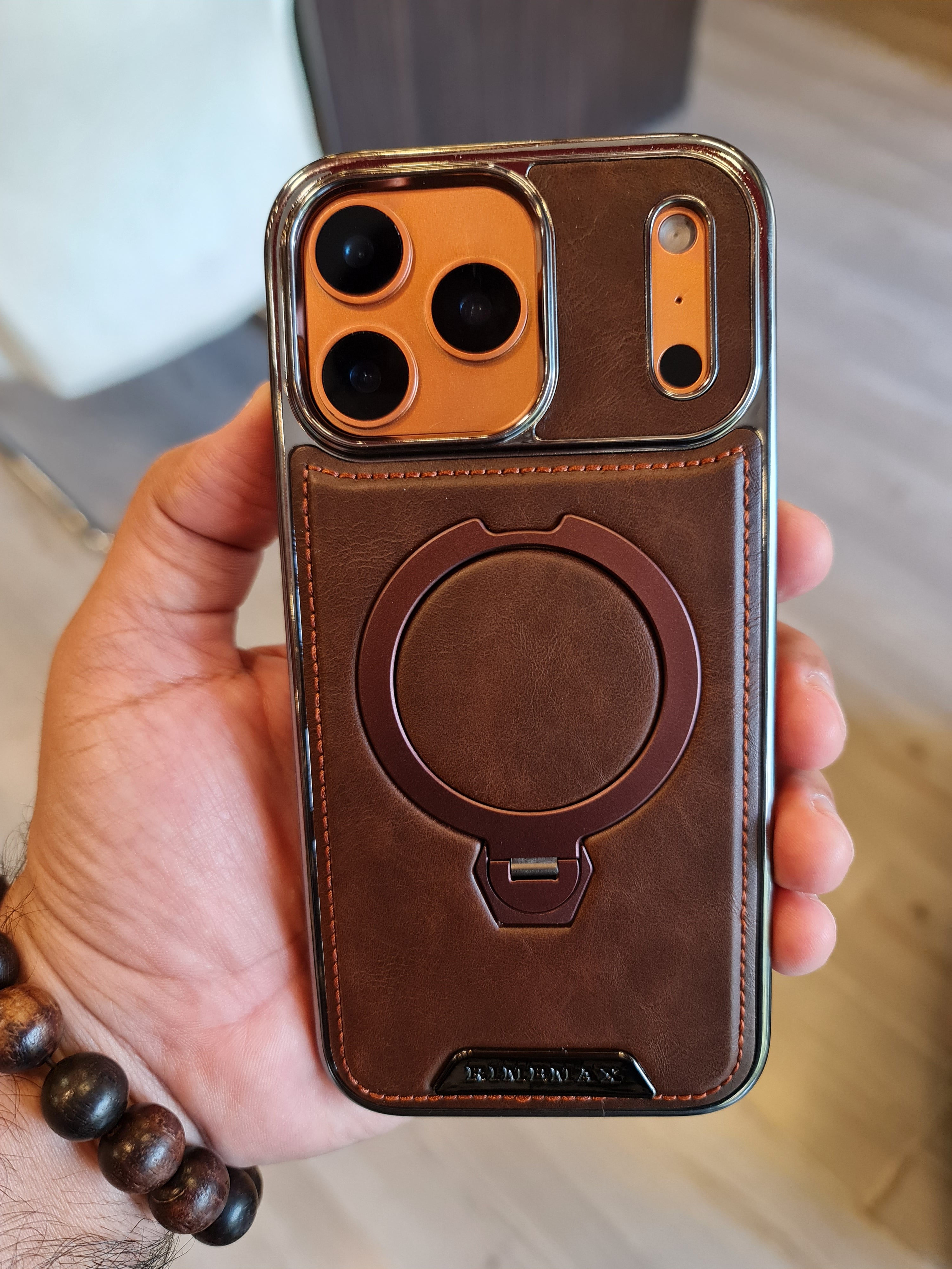 RUIMEIBI New Plating PU Leather Magnetic Phone Case for iPhone 17 Pro Max(Brown)