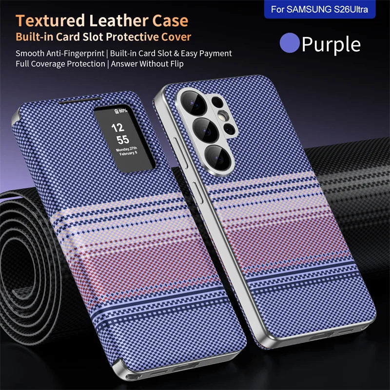 Carbon fiber textured leather smartphone case with card slot flip cover for answering calls for Samsung