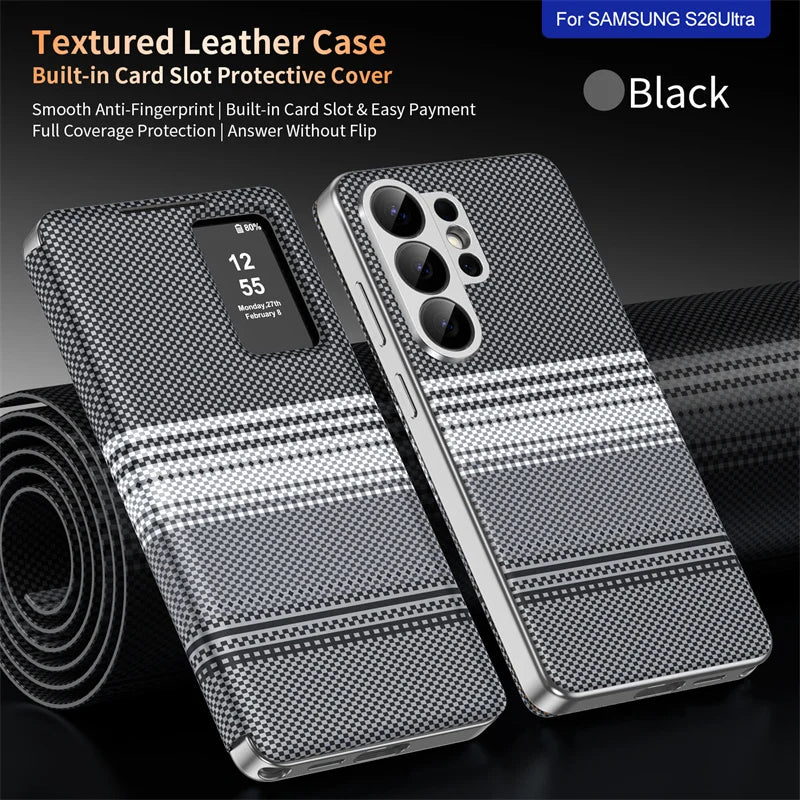 Carbon fiber textured leather smartphone case with card slot flip cover for answering calls for Samsung
