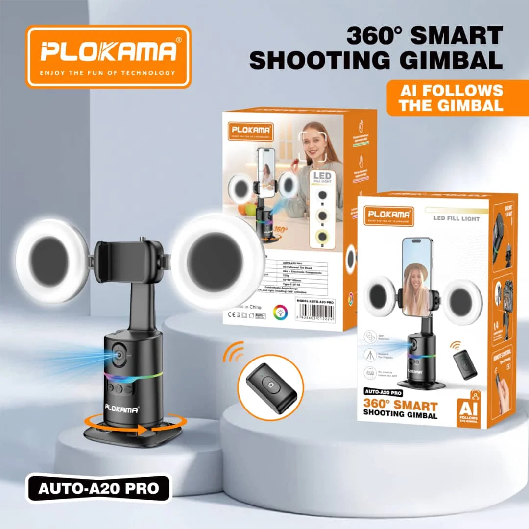 Plokama AUTO-A20 Pro 360° AI Face Tracking Phone Holder with Dual LED Fill Light