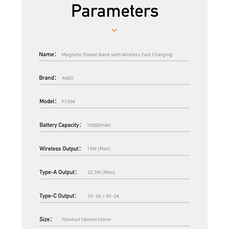 Awei P139K 10000mAh Portable Powerbank Magnetic Wireless