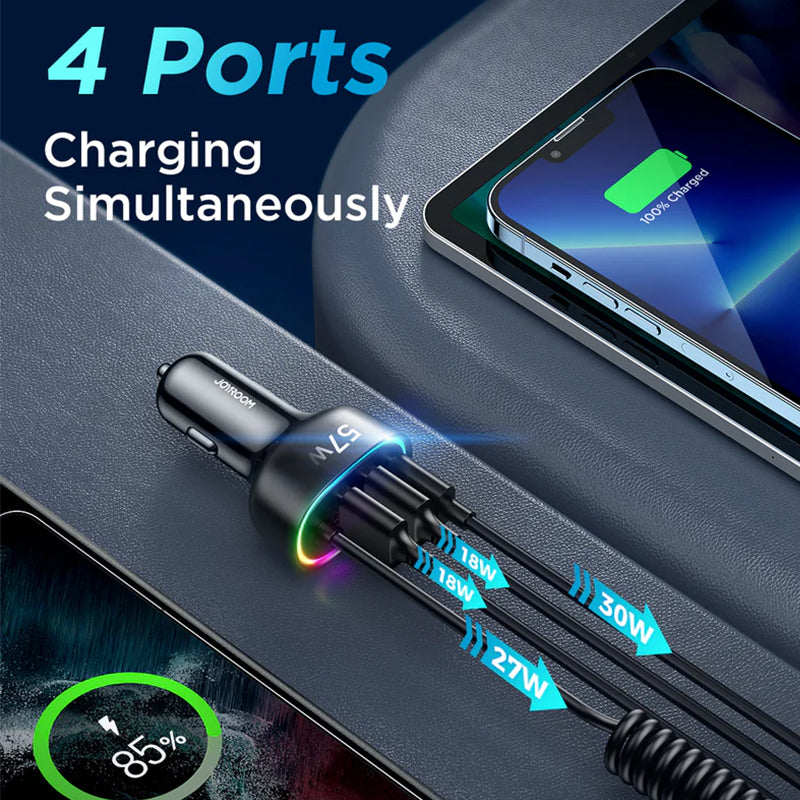 Joyroom 4 in 1 Fast Car Charger PD, QC3.0, AFC, FCP with 1.6m 57W Lightning Cable Black (JR-CL20)