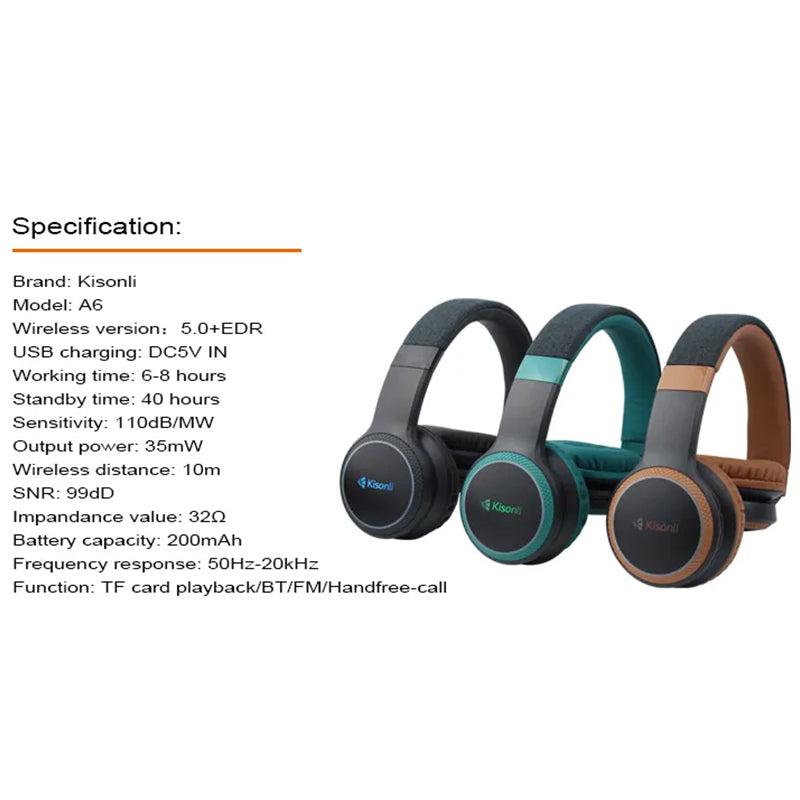 Kisonli Bluetooth Earphones kisonli A6 Sport Headsets Foldable gaming headphones