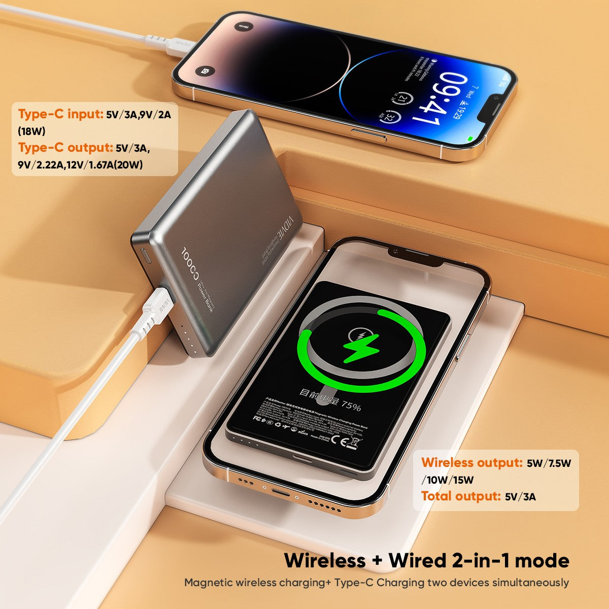 VIDVIE PB7008  10000mAh Ultra-thin Magnetic Wireless Charging Power Bank