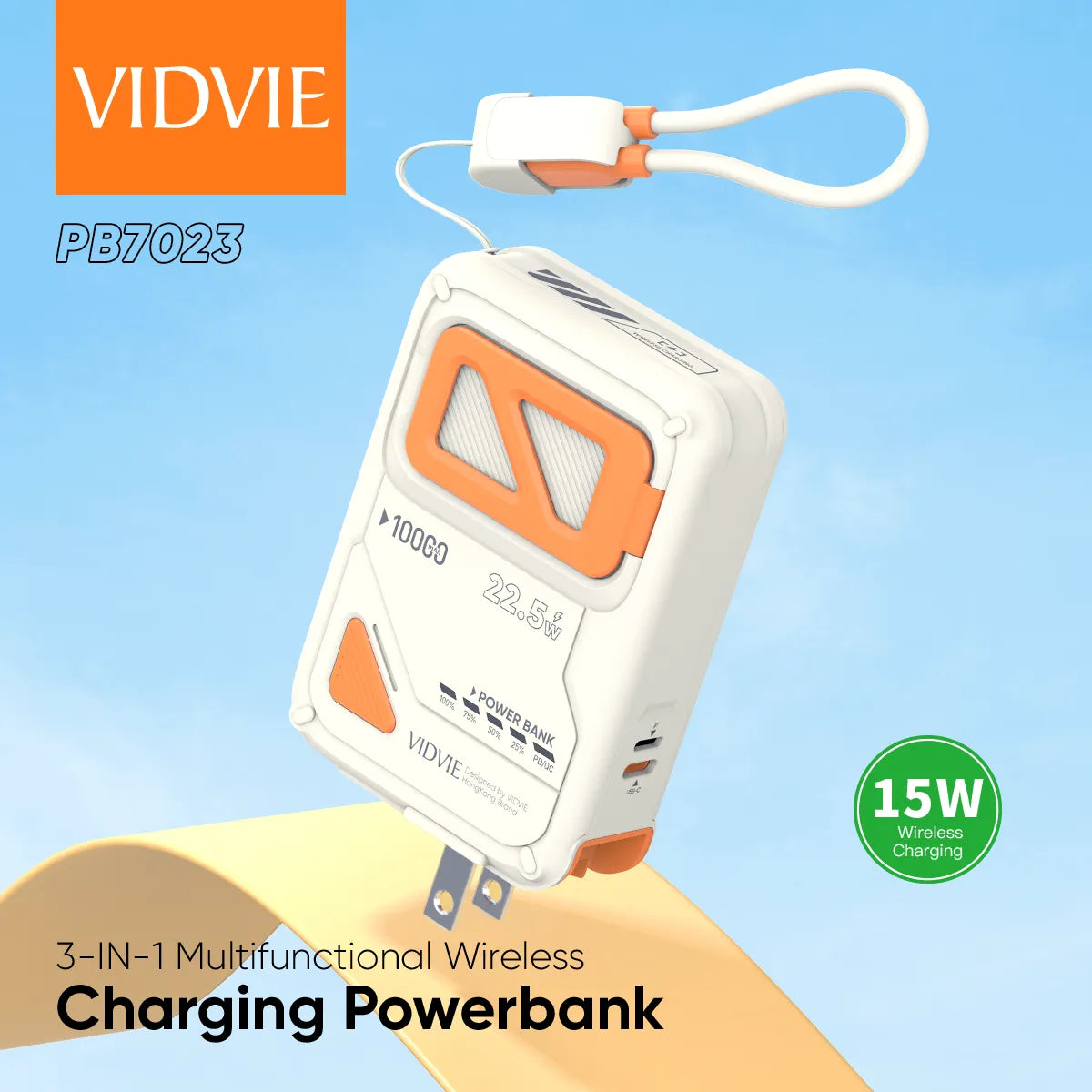 PB7023  10000mAh 3-IN-1 Multifunctional Wireless Charging Power Bank