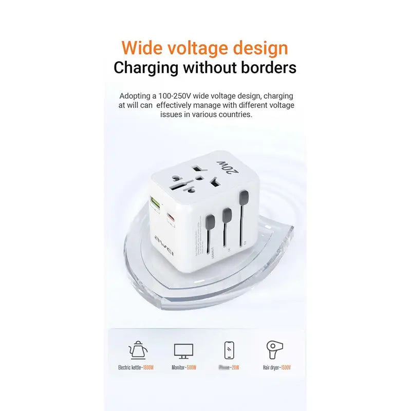 Awei C-20 Universal Global Adapter 20W Wall Charger Travel Adaptor