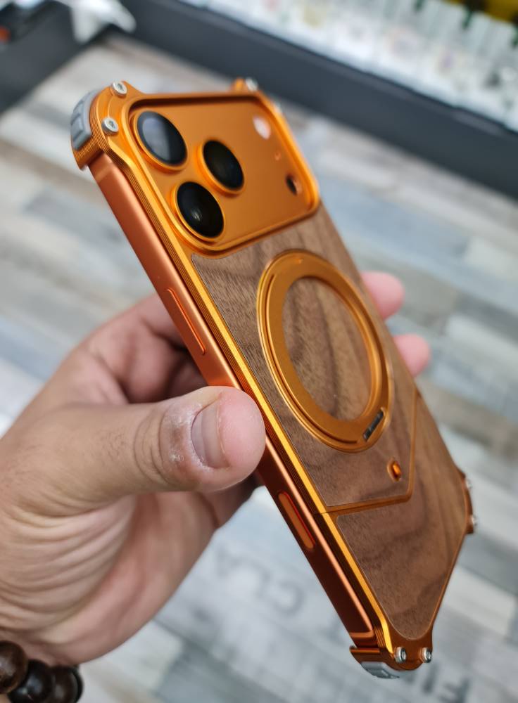 Magnetic Metal Premium Wooden Frameless Case For Iphone 17 Pro max