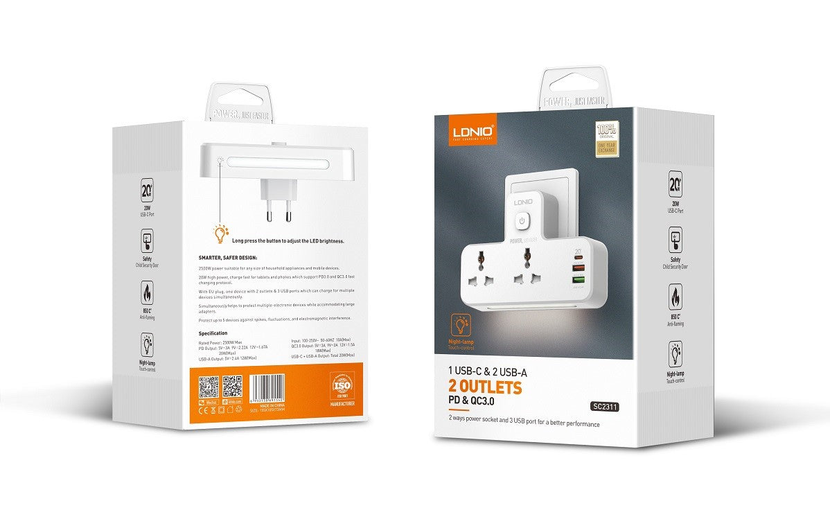 LDNIO 2 AC Outlets Portable Extension Power Socket SC2311
