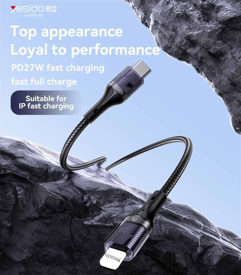 Yesido CA167 PD 27W Fast Charging Transparent Flip Type-C To IP Data Cable