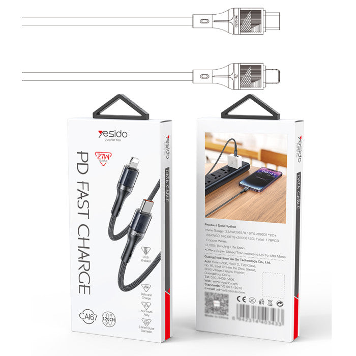 Yesido CA167 PD 27W Fast Charging Transparent Flip Type-C To IP Data Cable