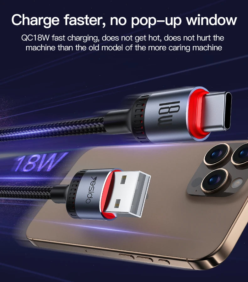 Yesido CA129C 1.2M USB To Type-C 18W Fast Charging Data Cable