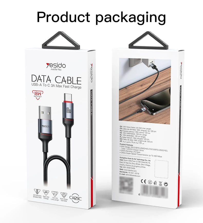 Yesido CA129C 1.2M USB To Type-C 18W Fast Charging Data Cable