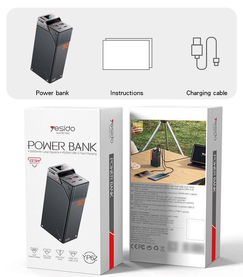 YESIDO YP62 30000mAh 22.5W Fast Charging Large Screen Power Bank