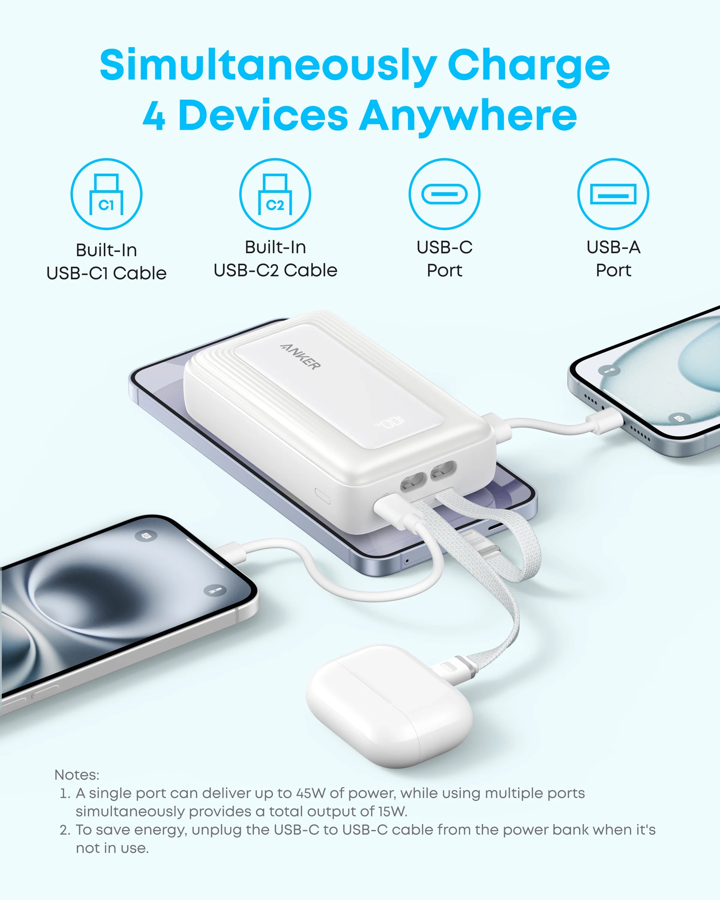 Anker Zolo Power Bank (20K, 45W, Built-In Dual USB-C Cables)A110M
