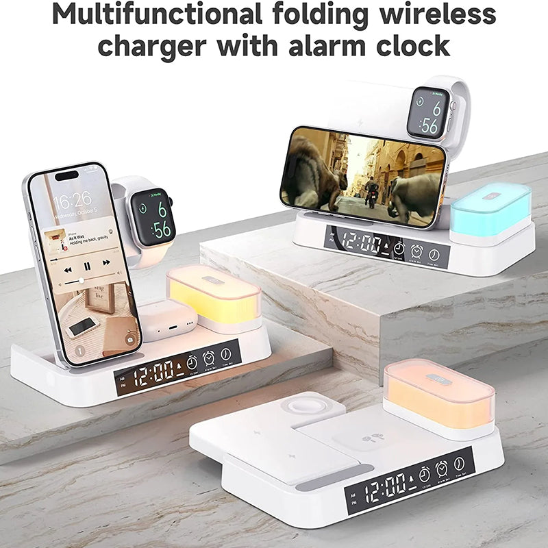 A37 5 in 1 Wireless Charging Station Digital Clock Foldable Stand Led Night Wireless Charger with Alarm Clock